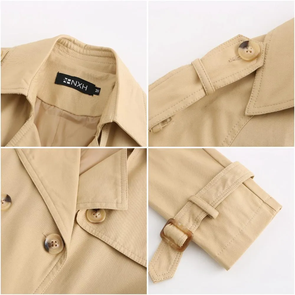 Women double breasted waist belt long sleeve trench coat