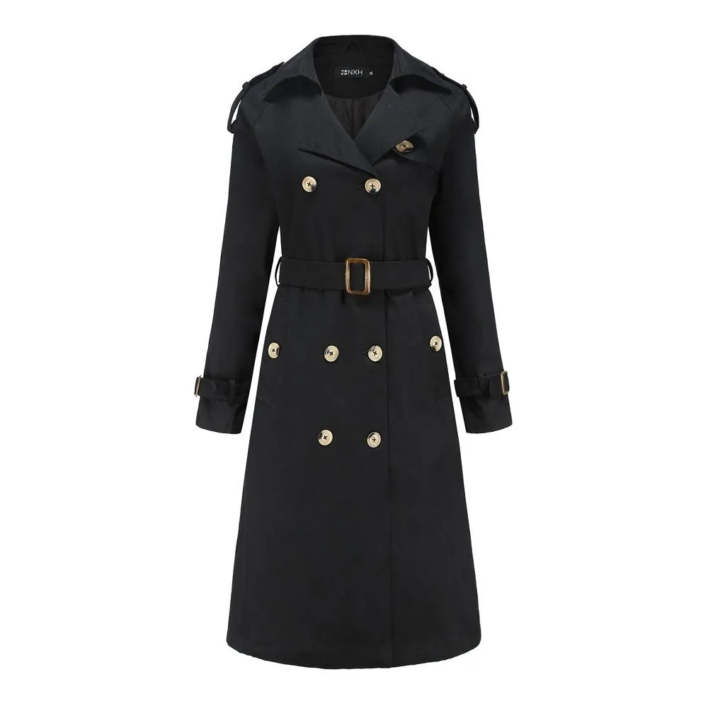 Women double breasted waist belt long sleeve trench coat