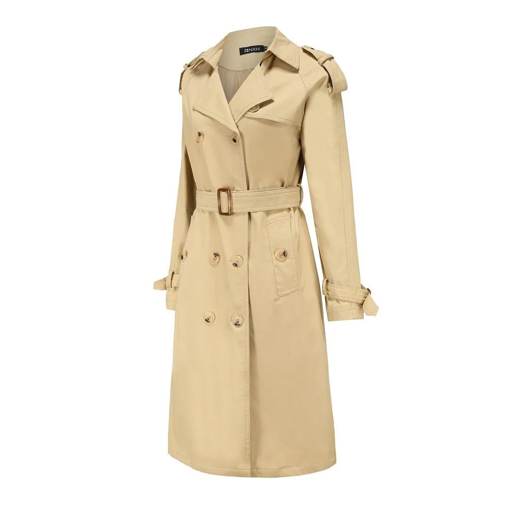 Women double breasted waist belt long sleeve trench coat