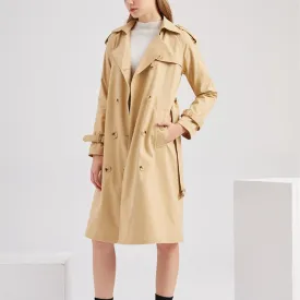 Women double breasted waist belt long sleeve trench coat
