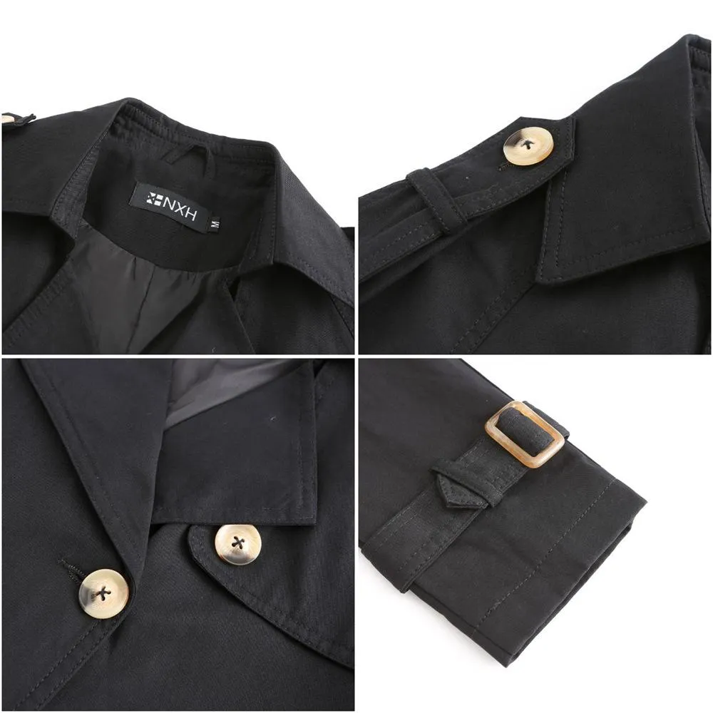 Women double breasted waist belt long sleeve trench coat