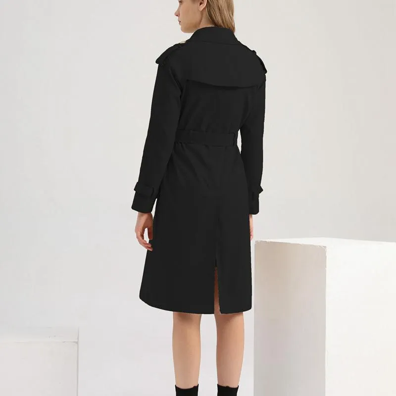 Women double breasted waist belt long sleeve trench coat