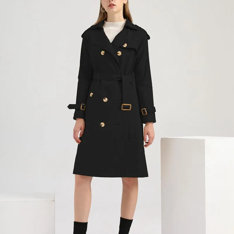 Women double breasted waist belt long sleeve trench coat