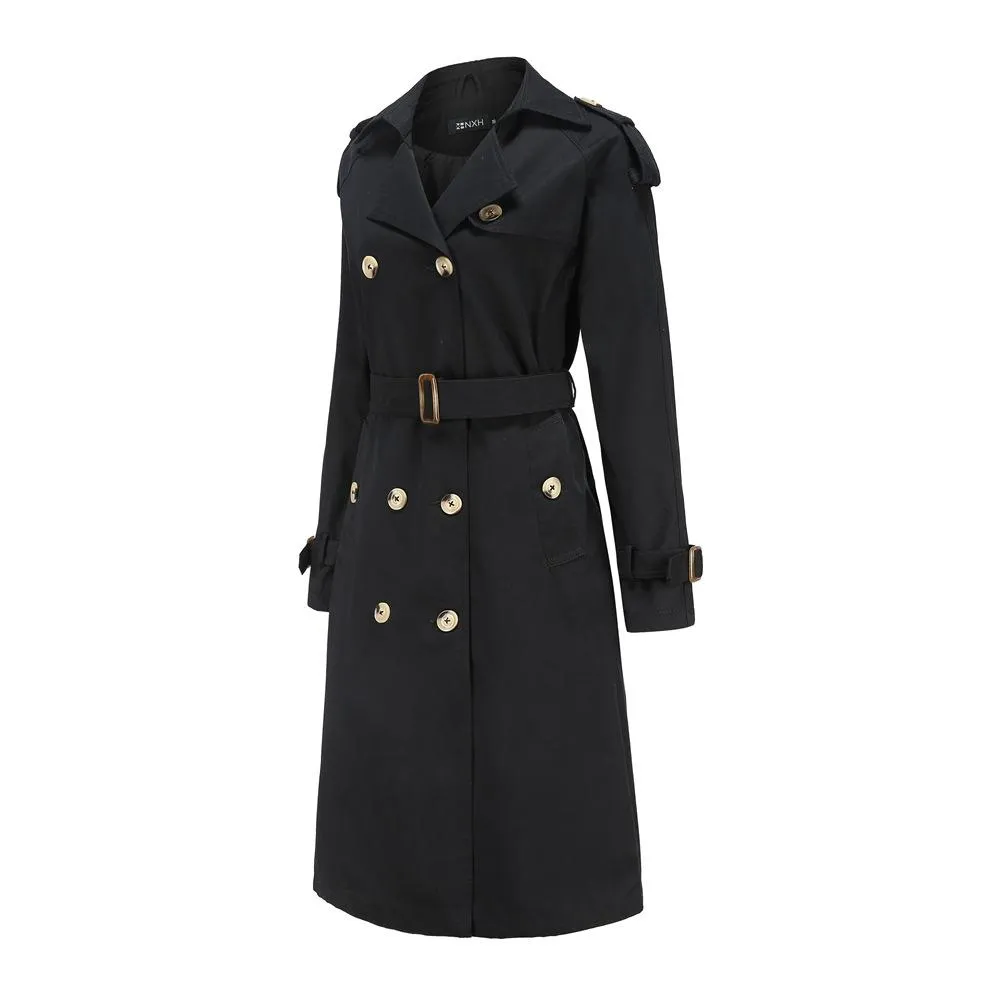 Women double breasted waist belt long sleeve trench coat