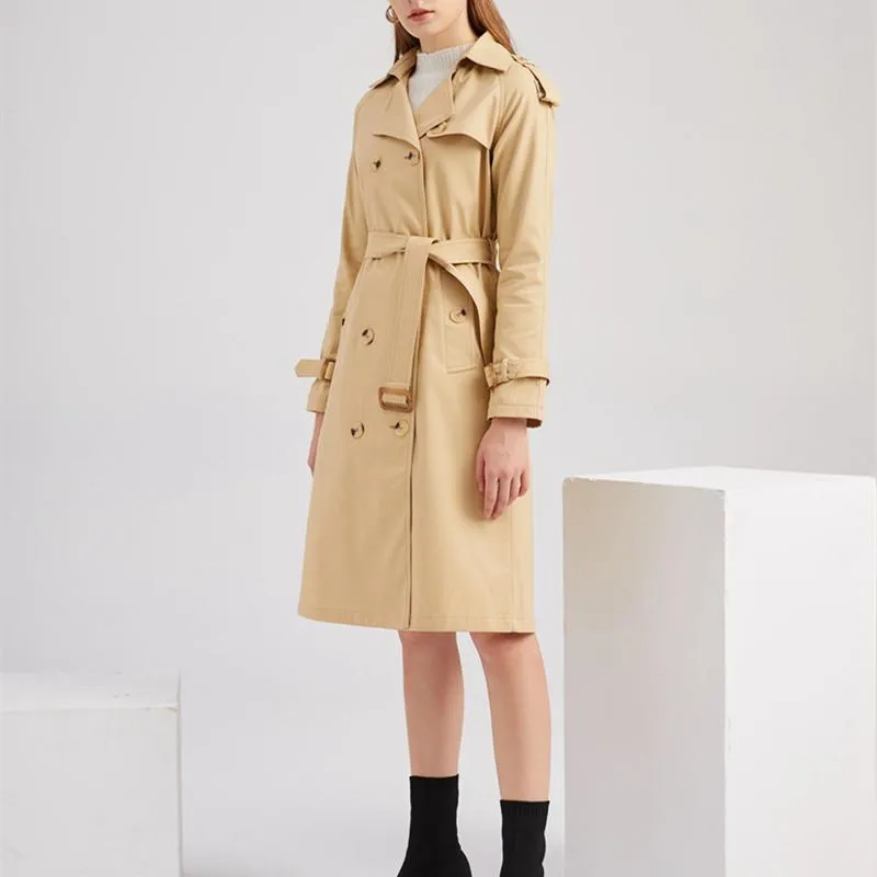Women double breasted waist belt long sleeve trench coat