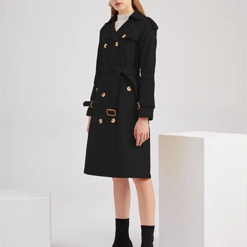 Women double breasted waist belt long sleeve trench coat